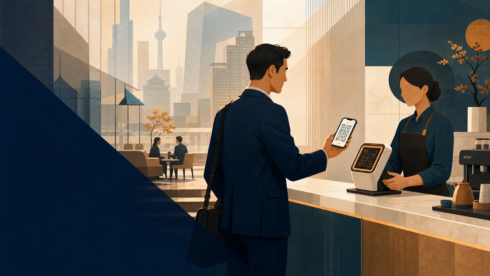 International executive using a mobile QR payment in a modern Chinese city