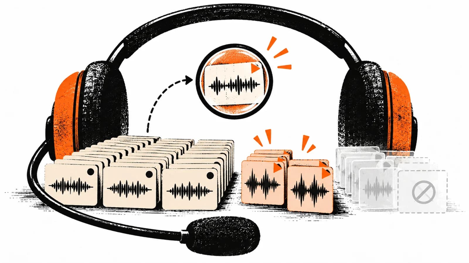 AI-generated screenprint illustration of a headset and separate routine, escalated and unscorable call-review samples.