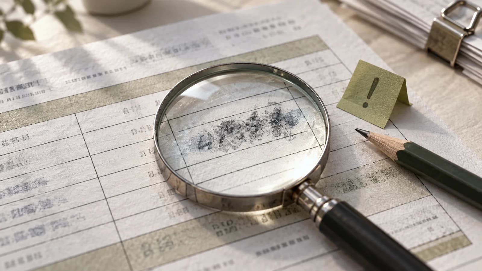 AI-generated illustrative close-up of a smudged document field under a magnifier awaiting human review.
