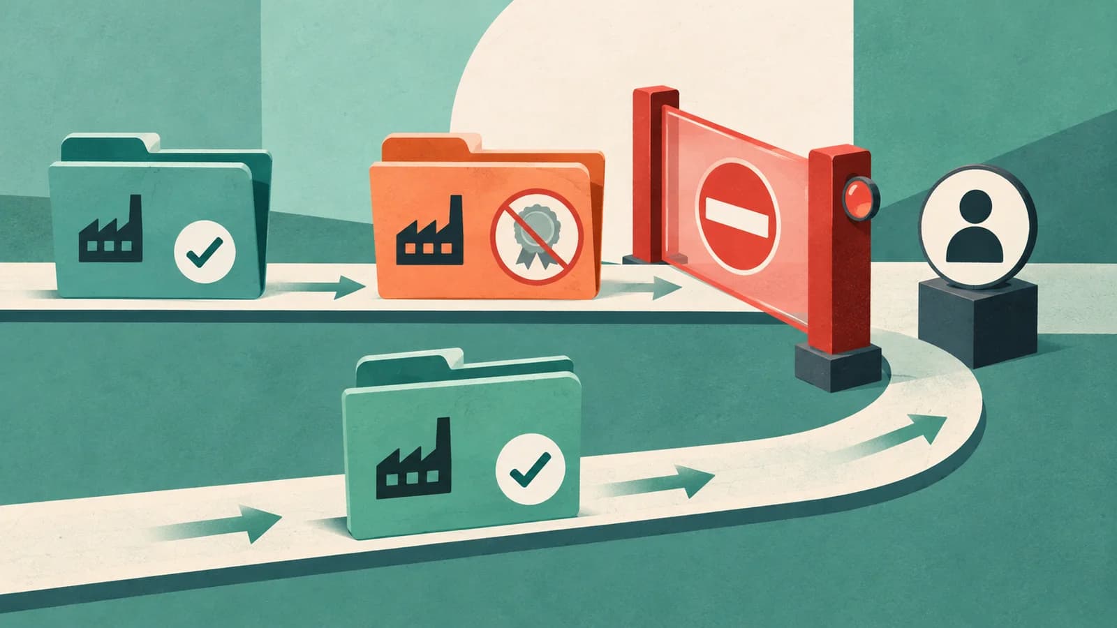 AI-generated editorial illustration of an unqualified supplier stopped at an approval boundary.
