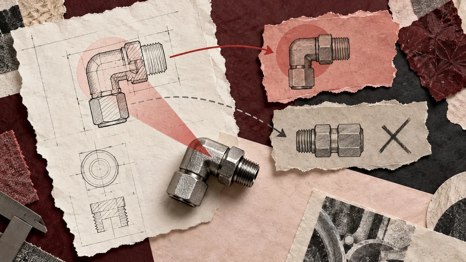 AI-generated editorial paper collage showing a technical component and two competing interpretations of its specification.
