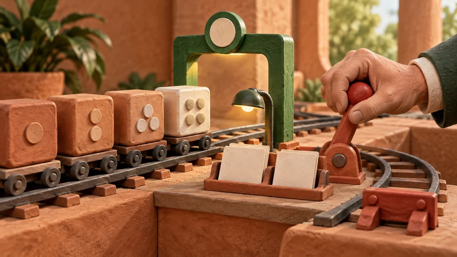 Conceptual clay-model illustration of queued blocks on a miniature railway with a hand-operated routing lever.