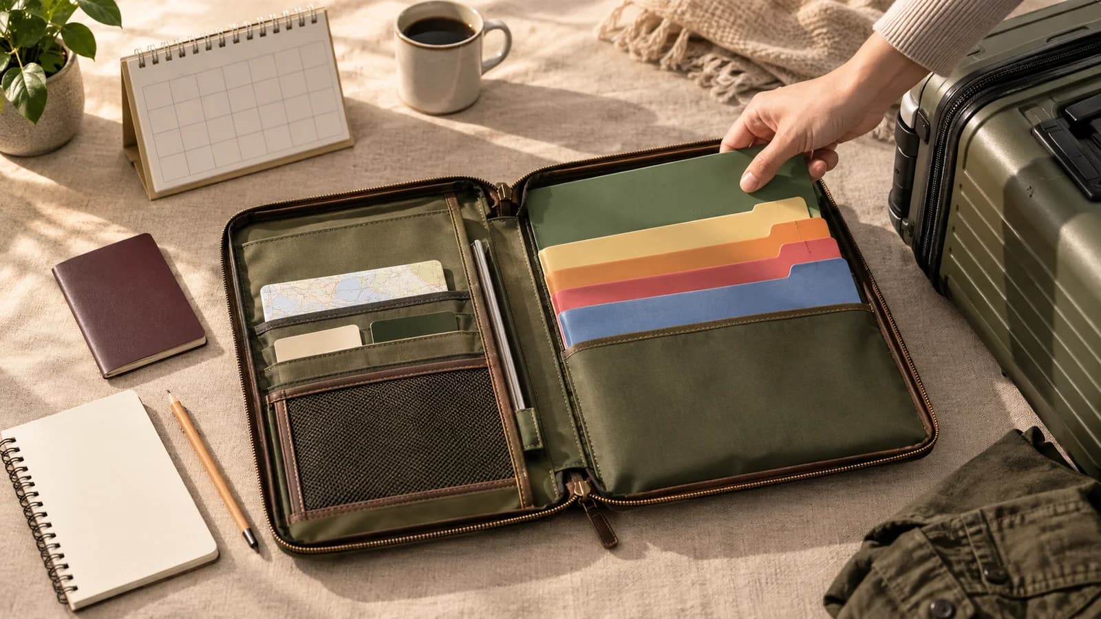 AI-generated conceptual still life of briefing folders, a travel folio and luggage prepared for an executive delegation.