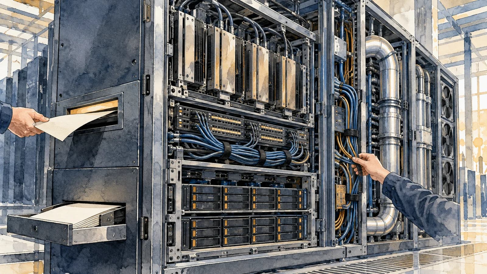 Conceptual watercolor illustration of hands handling a document and inspecting cabling in an AI infrastructure rack.