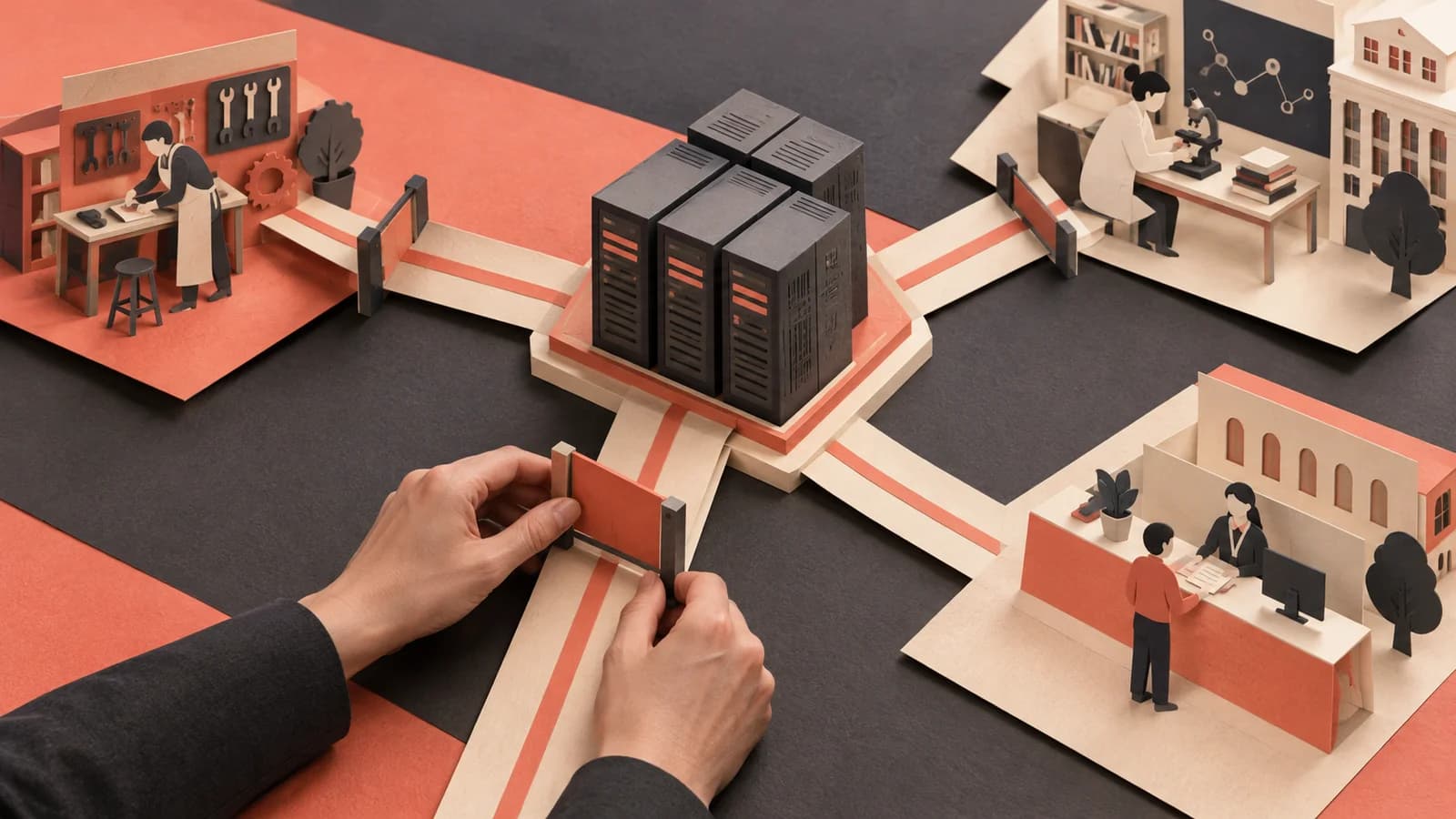 AI-generated cut-paper illustration of shared computing capacity and access pathways for different institutions.