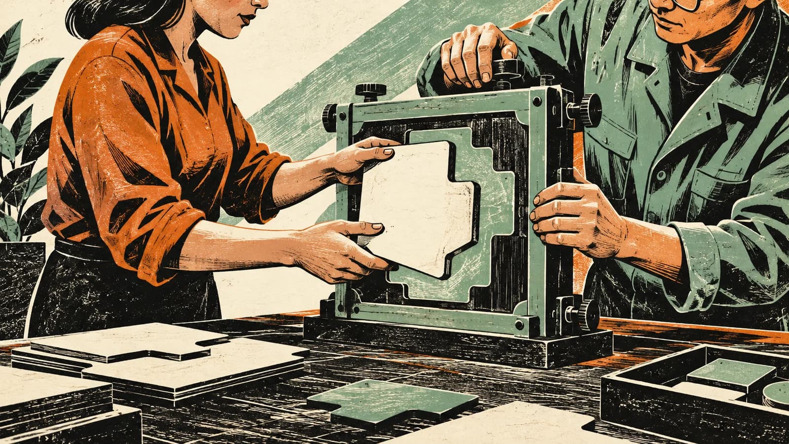 AI-generated linocut illustration of local and vendor specialists adapting a workflow frame to fit a destination-market document.