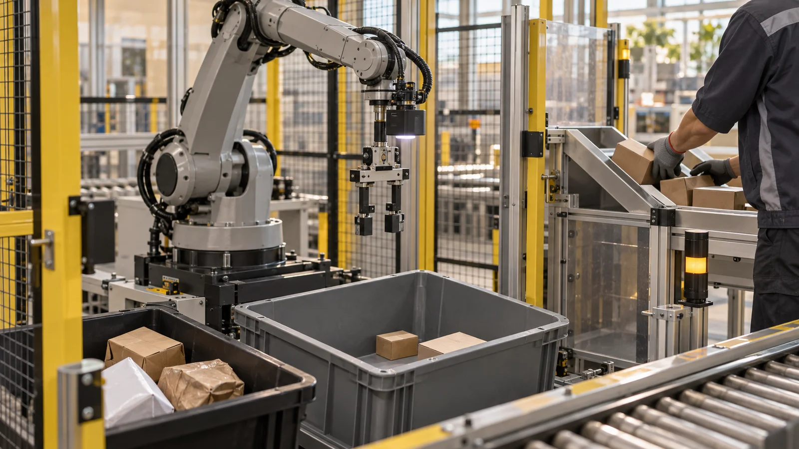 AI-generated conceptual industrial photograph of a robotic picking cell and an operator managing package exceptions.