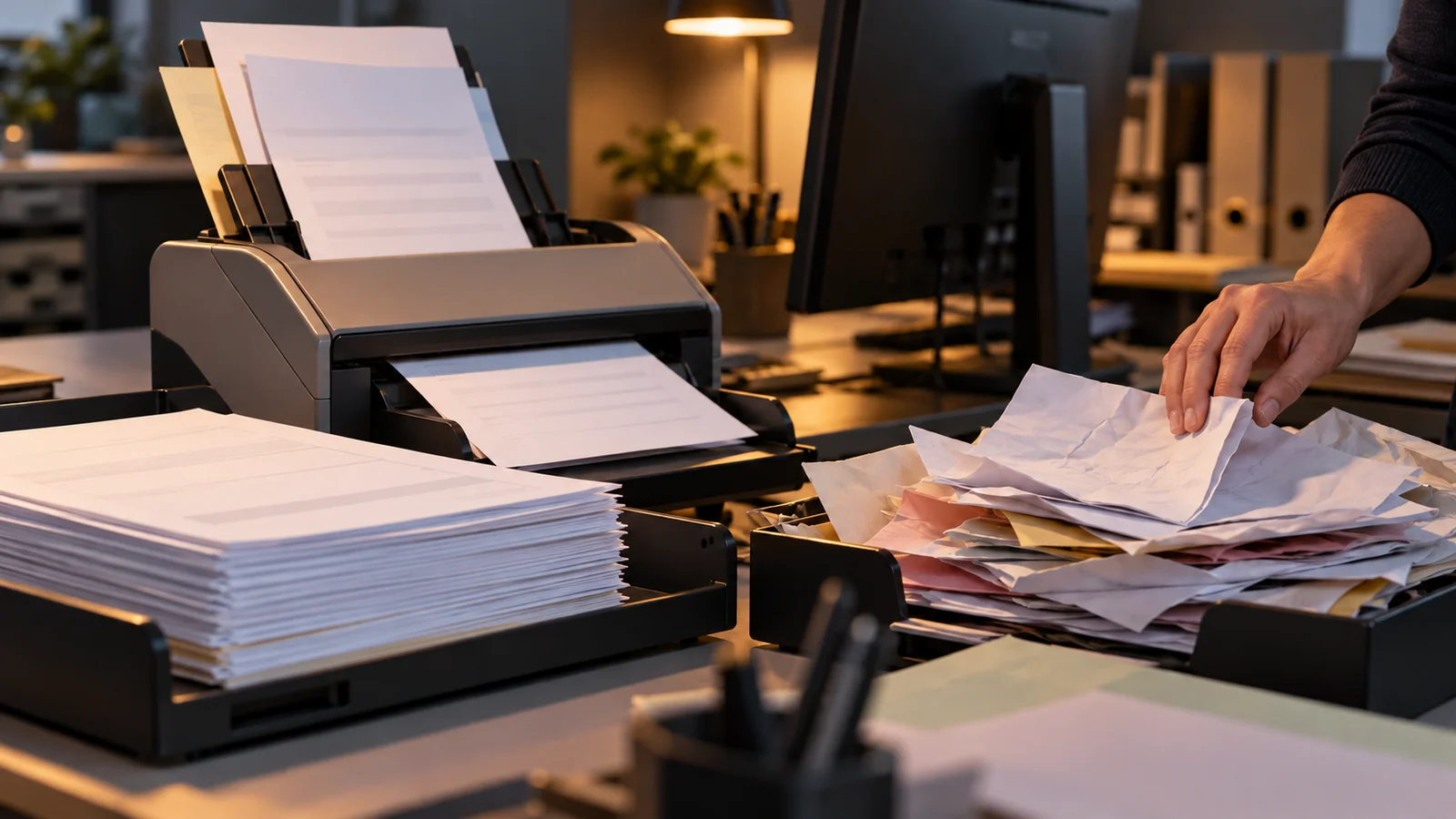 Conceptual photorealistic illustration of a hand removing crumpled sheets from a printer tray beside a neat stack of documents.