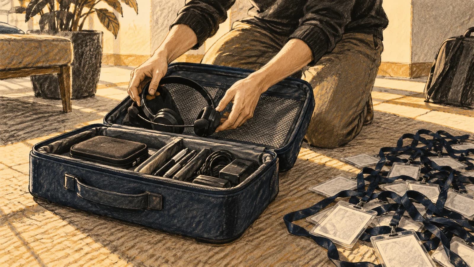 AI-generated charcoal illustration of a planner packing interpretation equipment and a practical workshop kit beside unused meeting lanyards.