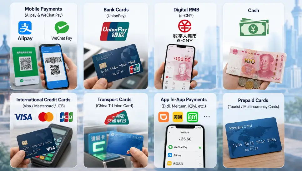 China payment options including mobile wallets, cards, digital RMB, transport cards and cash
