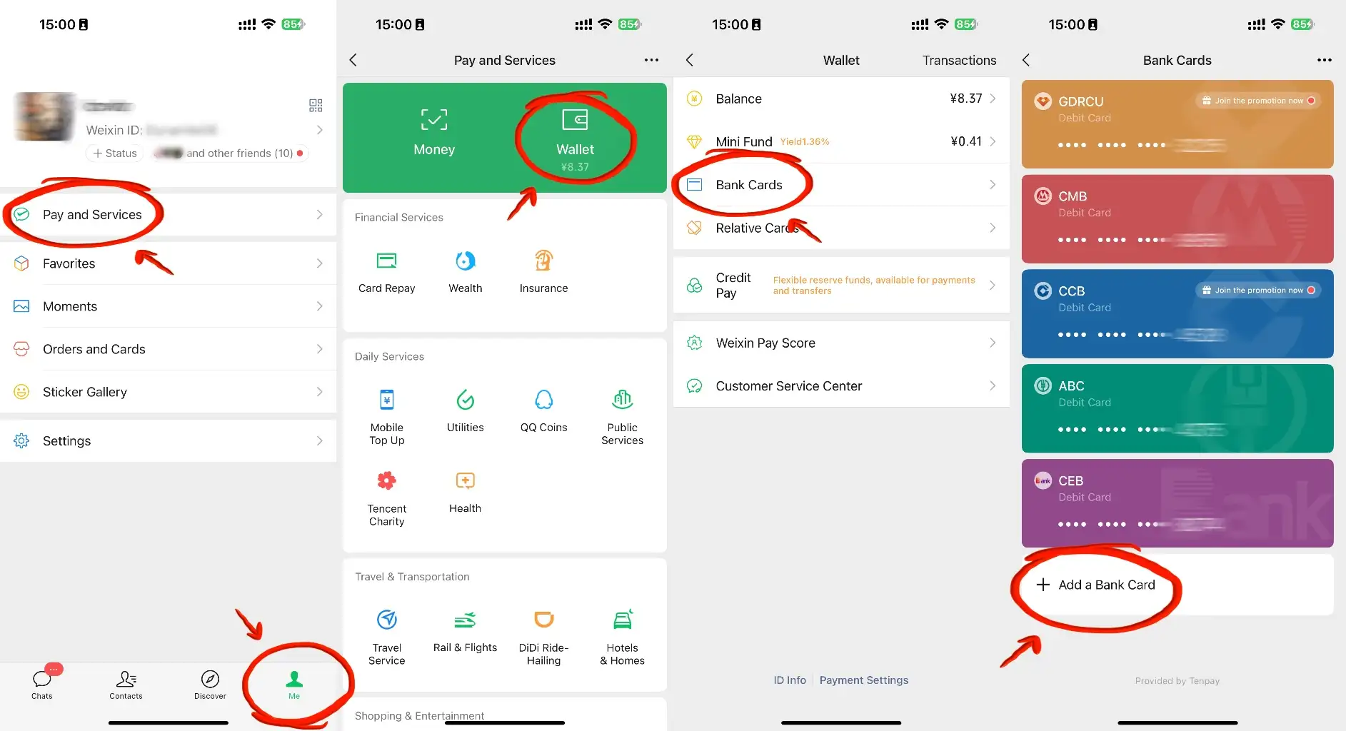 Weixin Pay navigation from Me to Pay and Services, Wallet, Bank Cards and Add a Bank Card