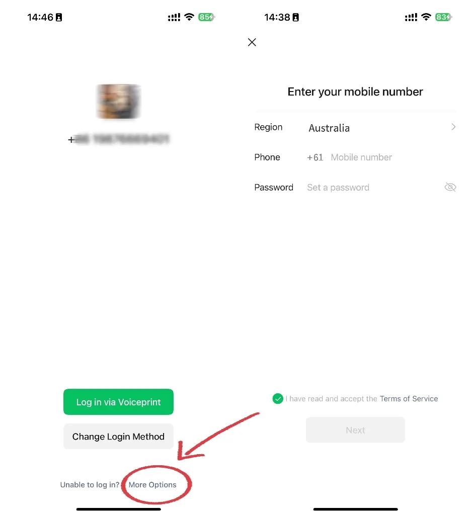 WeChat sign-up screen for entering an overseas region, mobile number and password