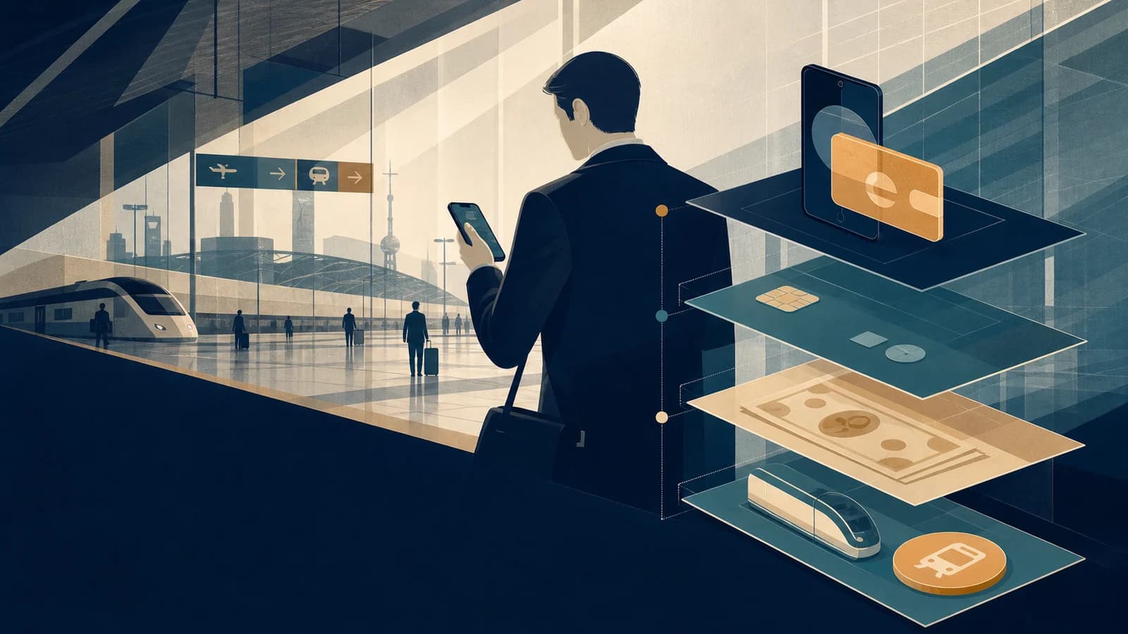 Executive traveller choosing between QR payment, bank card and RMB cash in China