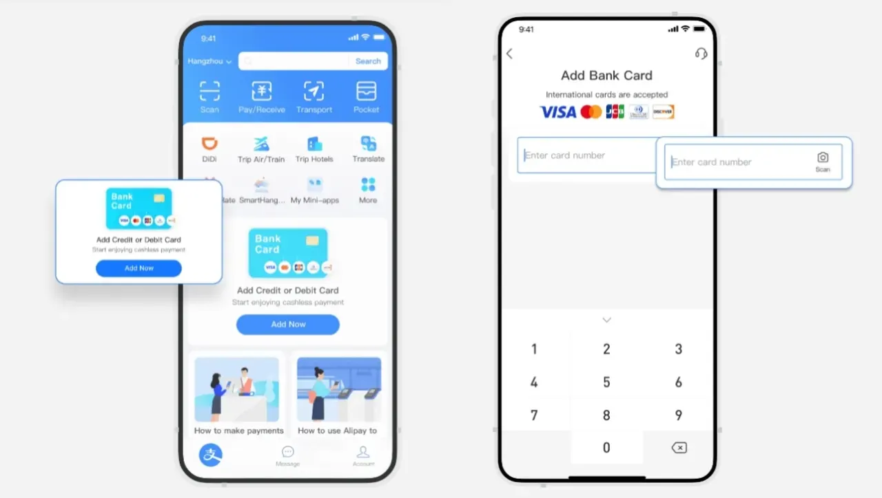 Alipay home screen and Add Bank Card screen accepting international card details