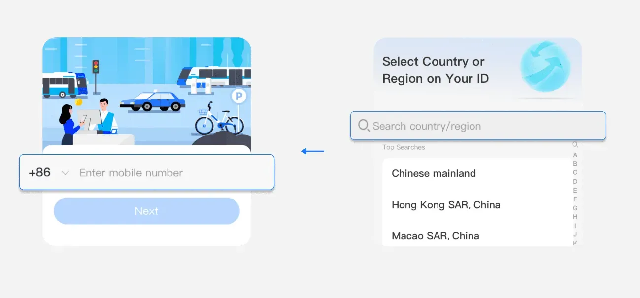 Alipay registration screen for selecting an ID country or region and entering an overseas mobile number