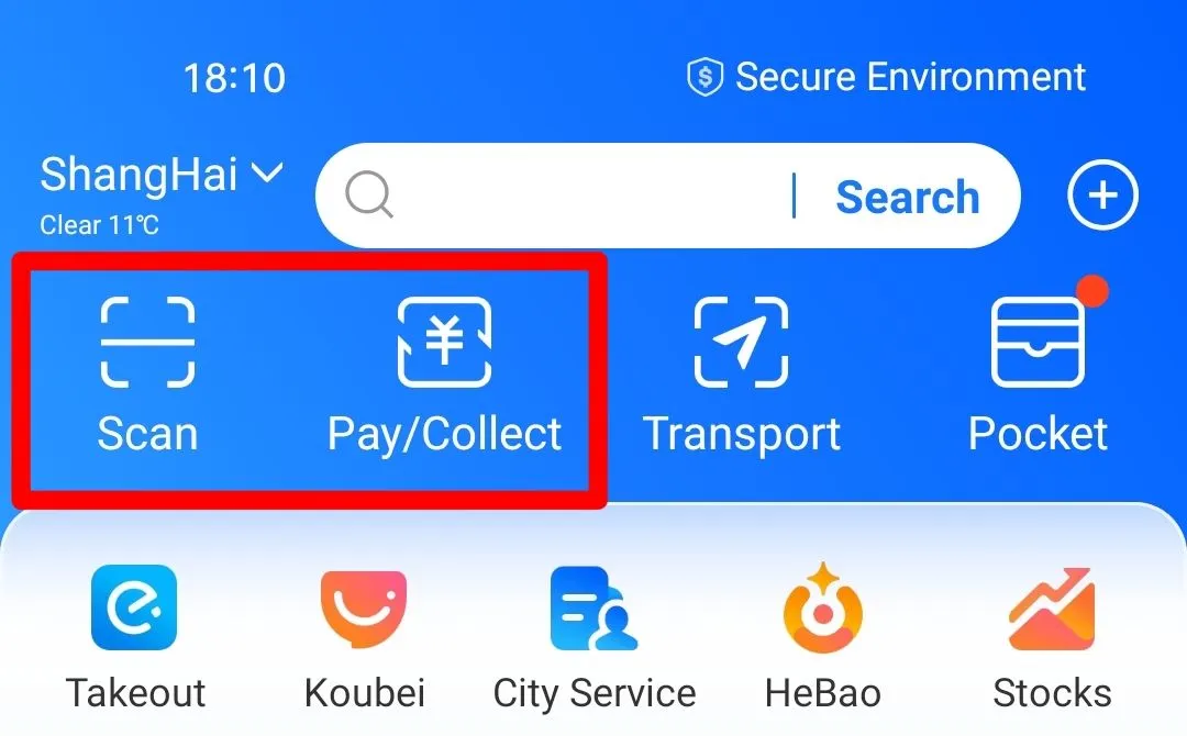 Alipay home screen highlighting Scan and Pay or Collect for the two in-store QR payment methods