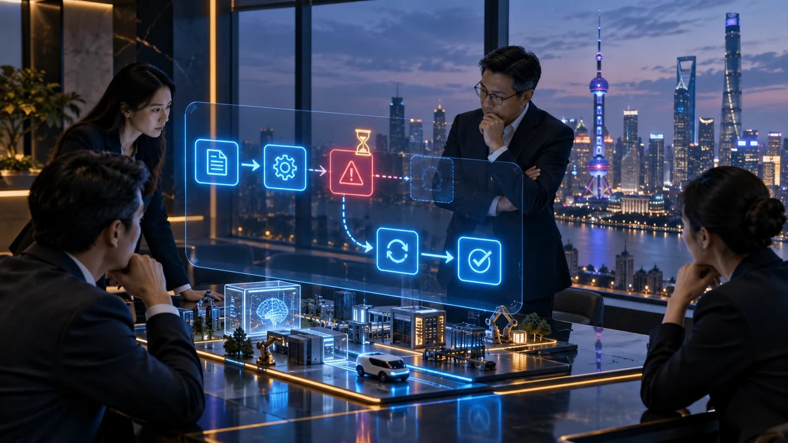 Illustrative executive AI visit scene: executives watching an interrupted blue workflow hologram with separate recovery route