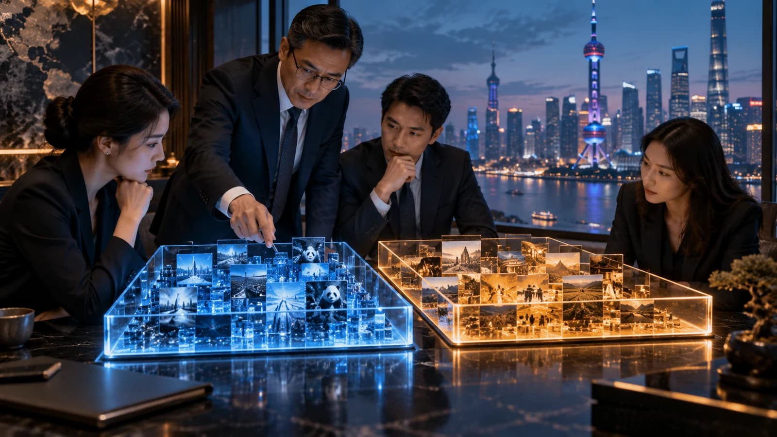 Illustrative executive AI visit scene: executives studying a split evaluation dataset as separate blue and amber glass trays