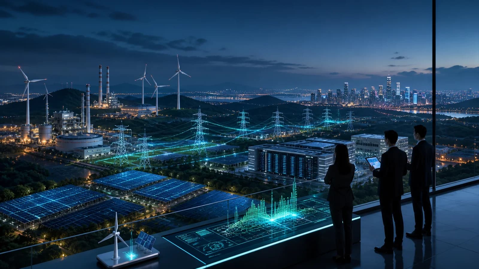 Editorial executive fieldwork illustration for China AI for Energy and Climate