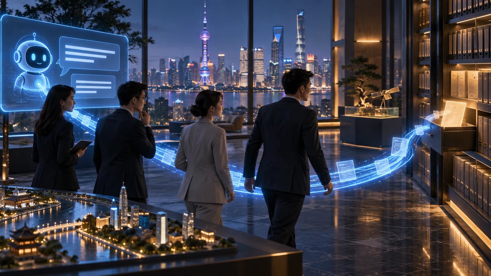 Illustrative executive AI visit scene: executives following a glowing blue path from a response panel to document cabinets