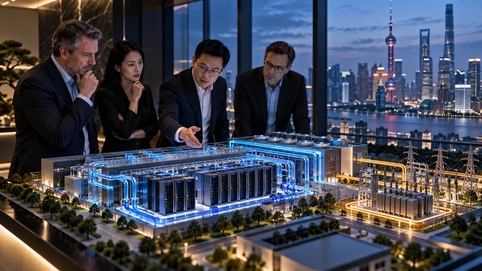 Illustrative executive AI visit scene: executives observing miniature data centre cooling loops and power distribution