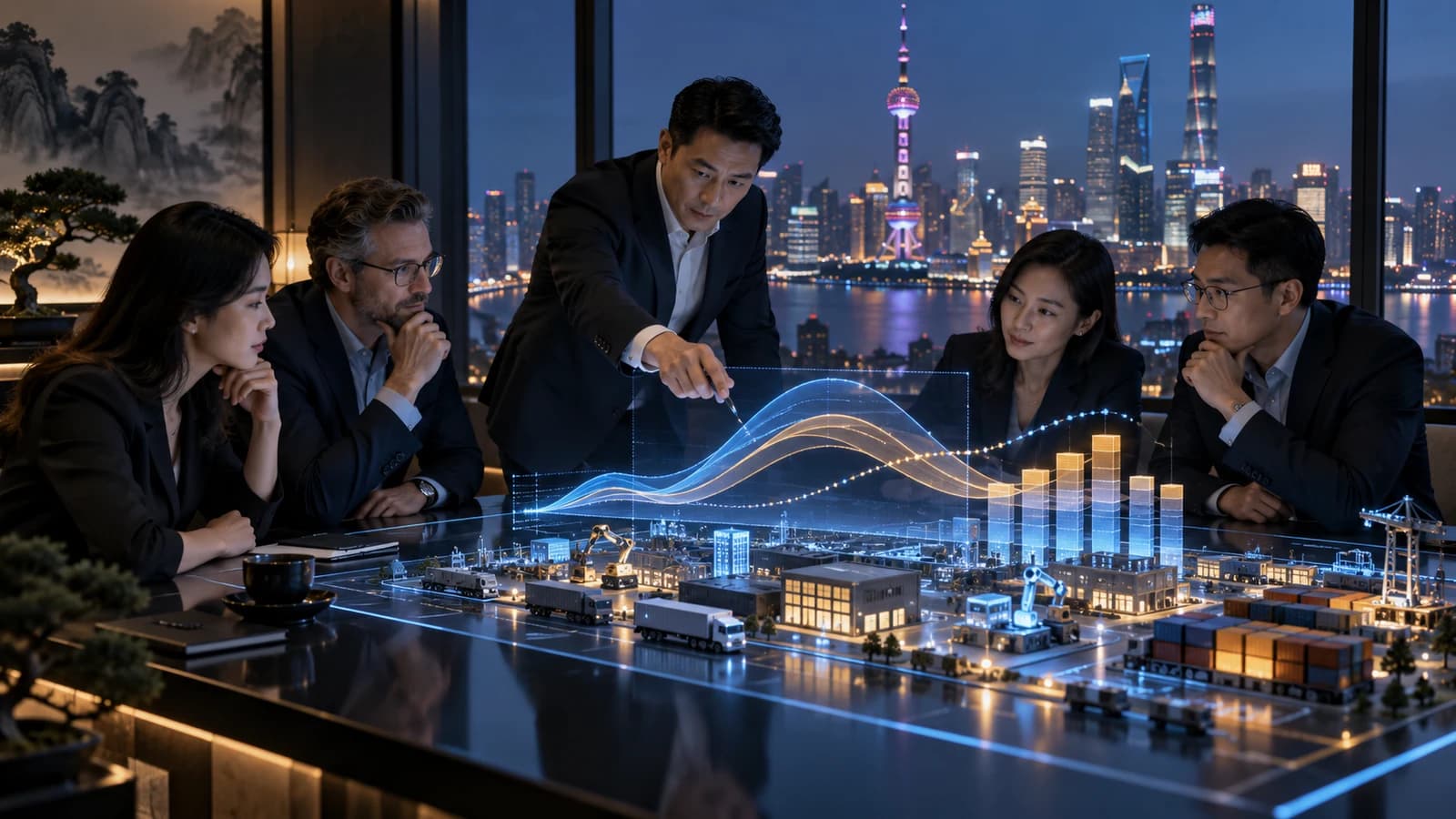 Illustrative executive AI visit scene: executives at a dark strategy table comparing abstract forecast ribbons with actual demand blocks