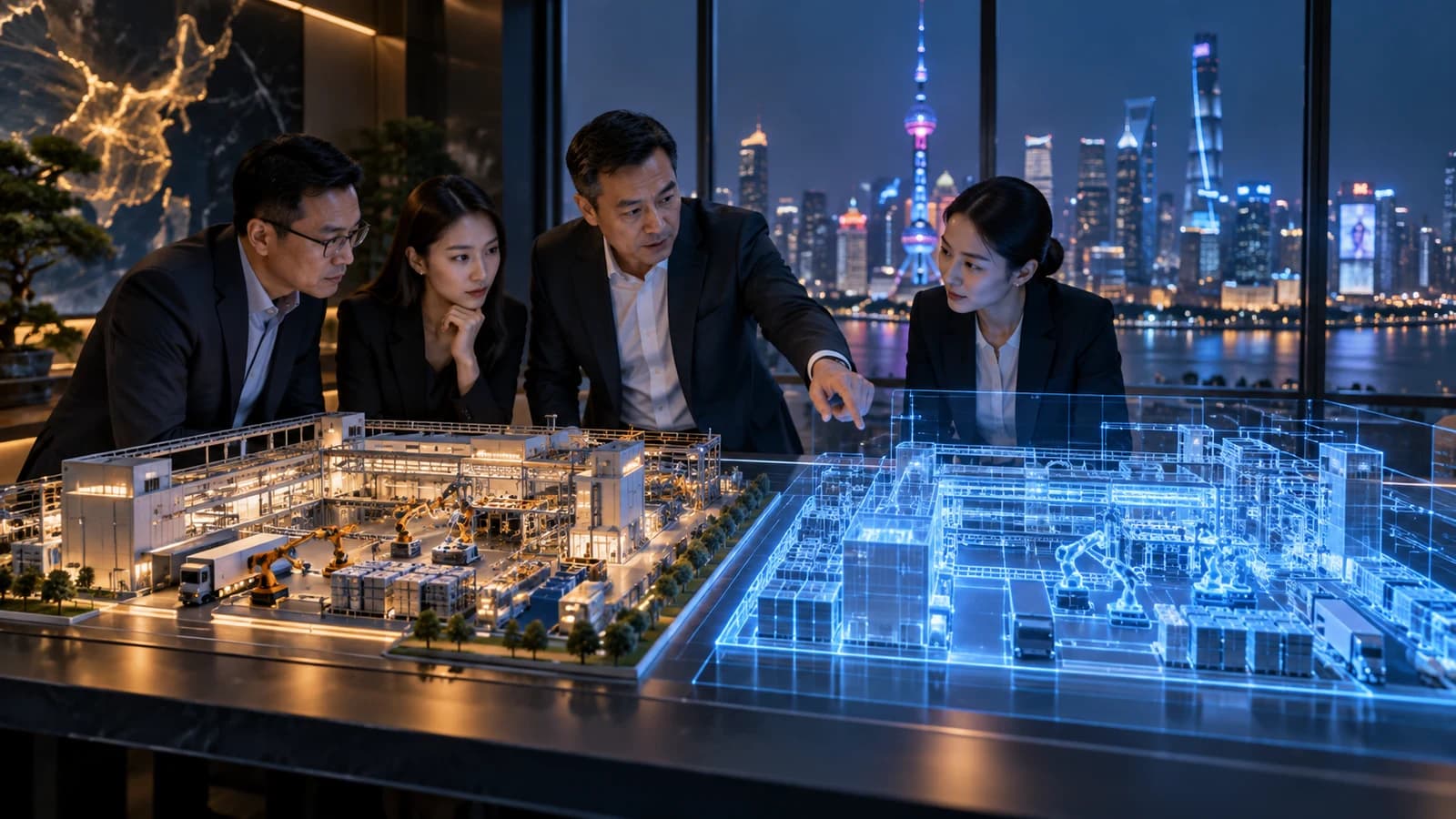 Illustrative executive AI visit scene: executives comparing a miniature factory and its transparent holographic twin