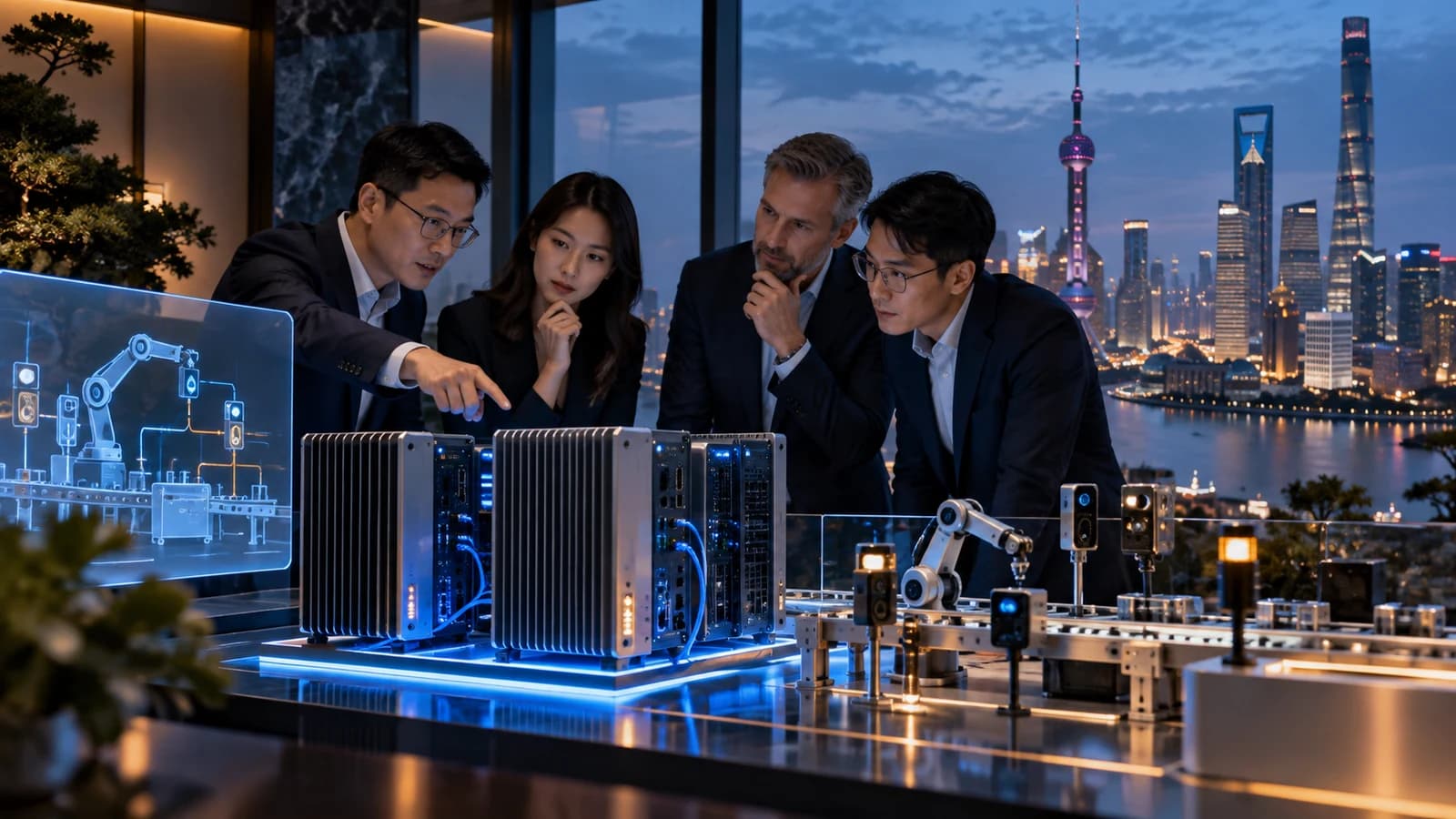 Illustrative executive AI visit scene: executives studying connected edge computing cabinets and miniature industrial sensors