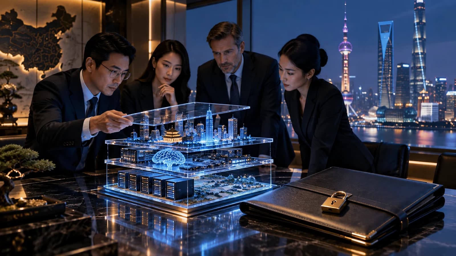 Illustrative executive AI visit scene: executives examining layered glass model components and a locked agreement folder