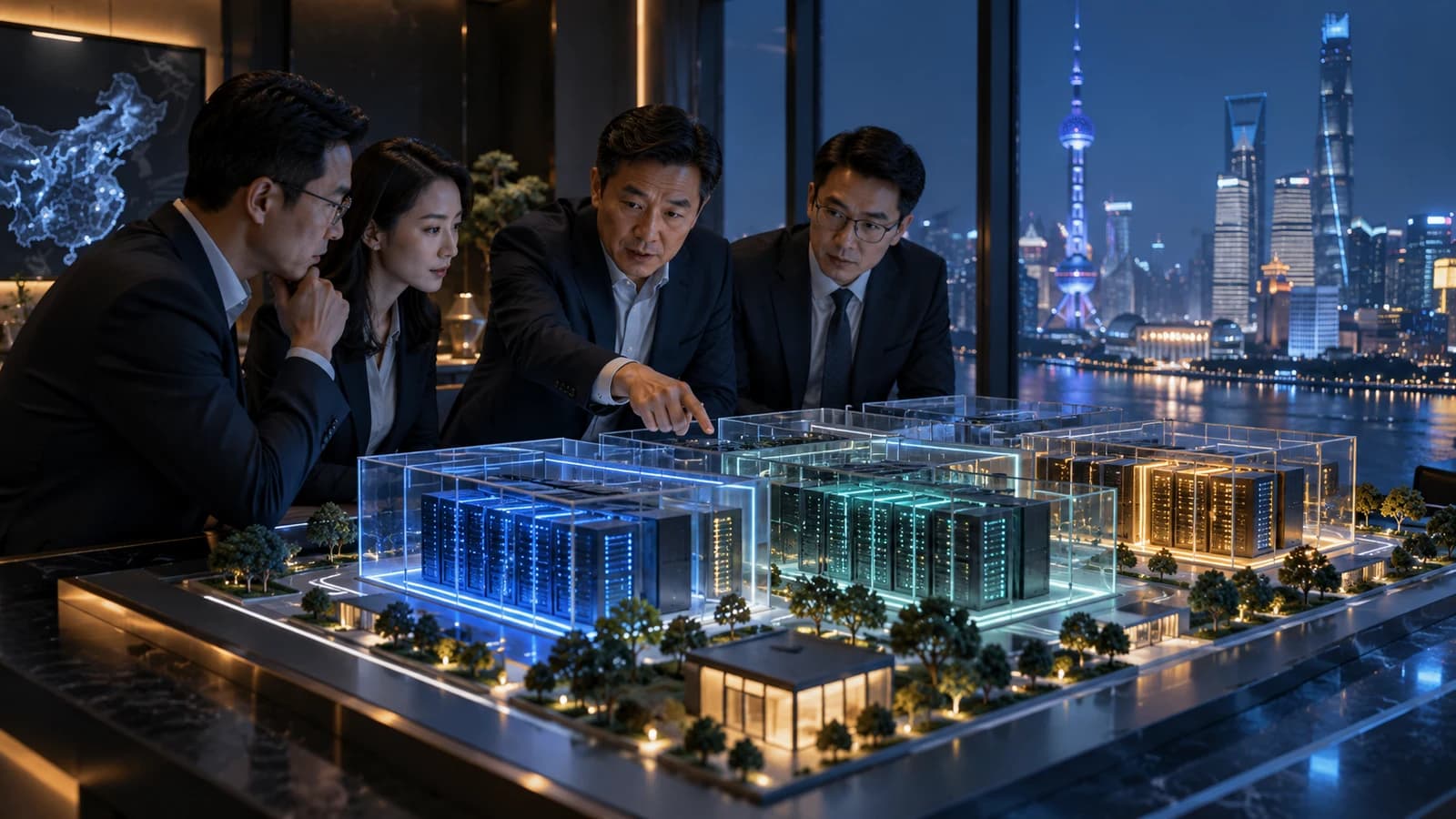 Illustrative executive AI visit scene: executives examining separate glass server zones on a miniature platform