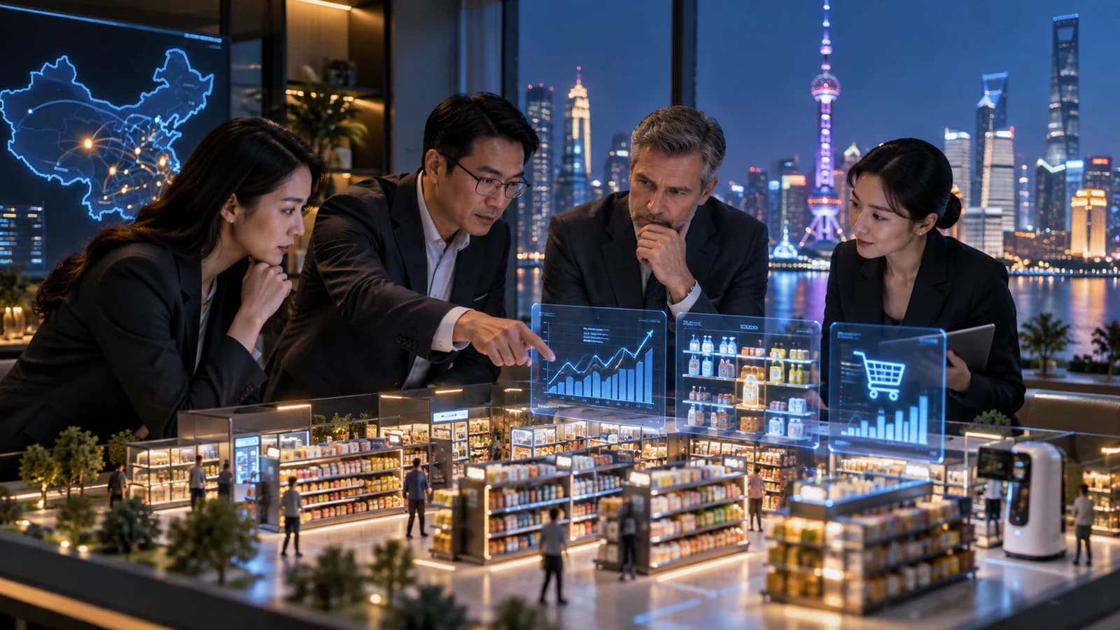 Illustrative executive AI visit scene: executives examining miniature retail shelves and inventory demand signals