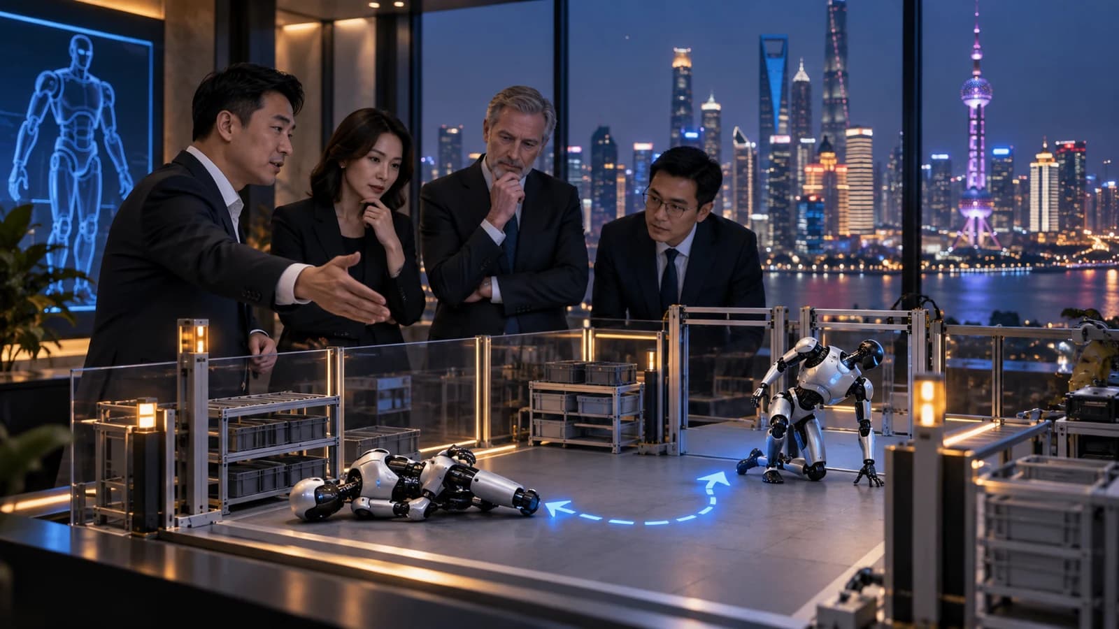 Illustrative executive AI visit scene: executives examining miniature robot cell with safe recovery pathway