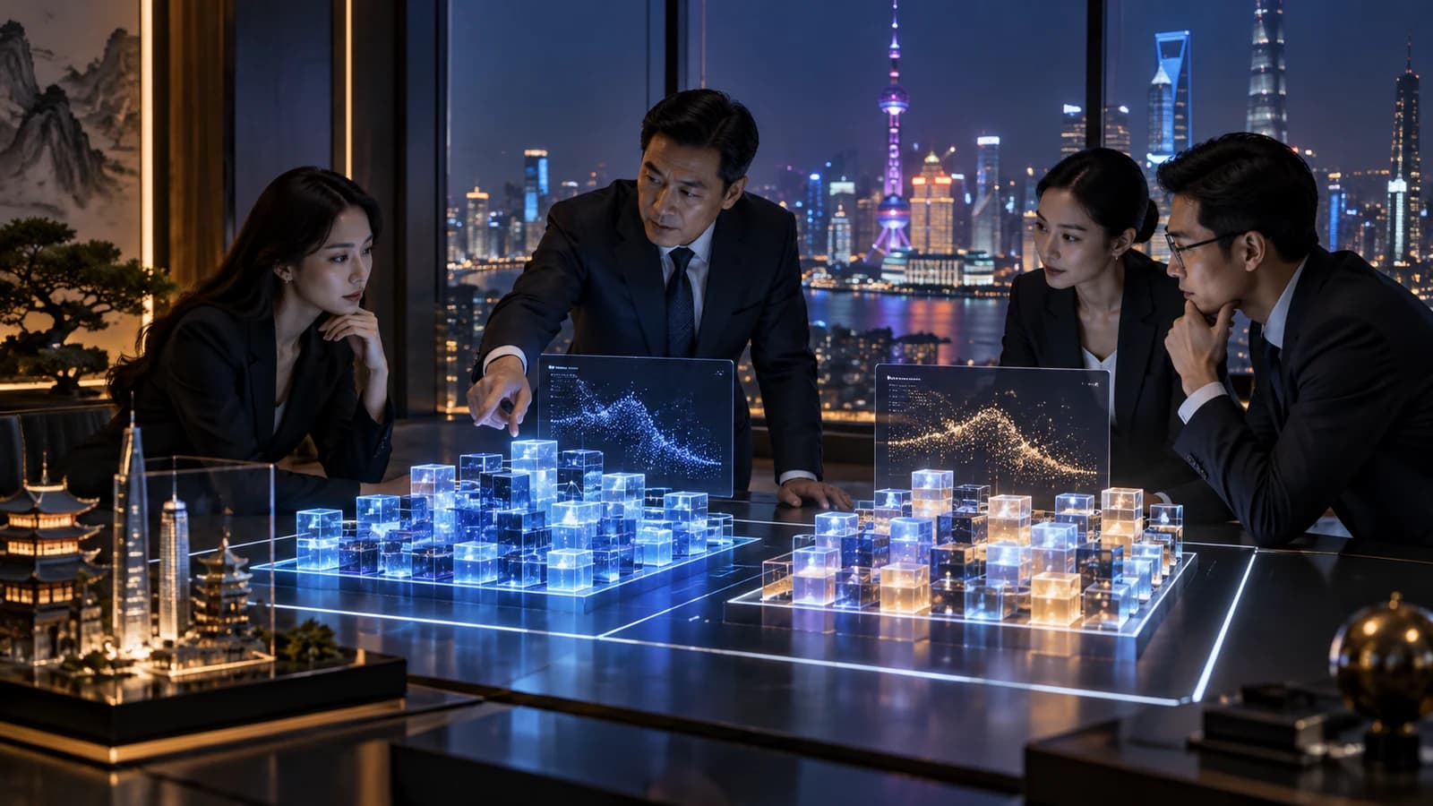 Illustrative executive AI visit scene: executives comparing real-pattern and synthetic-pattern arrays of abstract data blocks