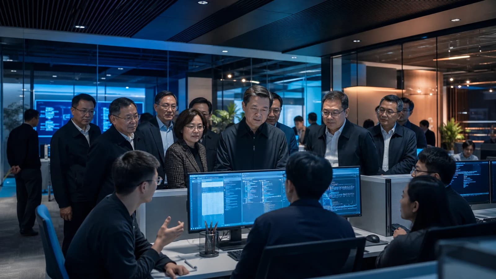 Editorial illustration of an executive team discussing AI responsibilities