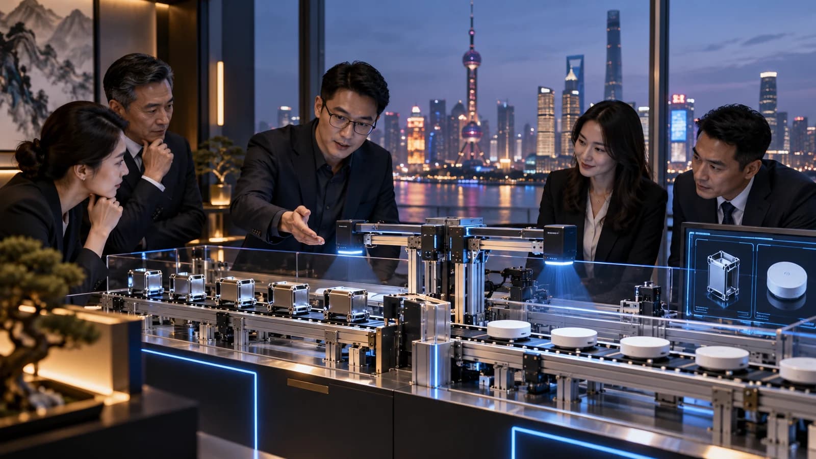 Illustrative executive AI visit scene: executives beside miniature inspection line with two different product batches