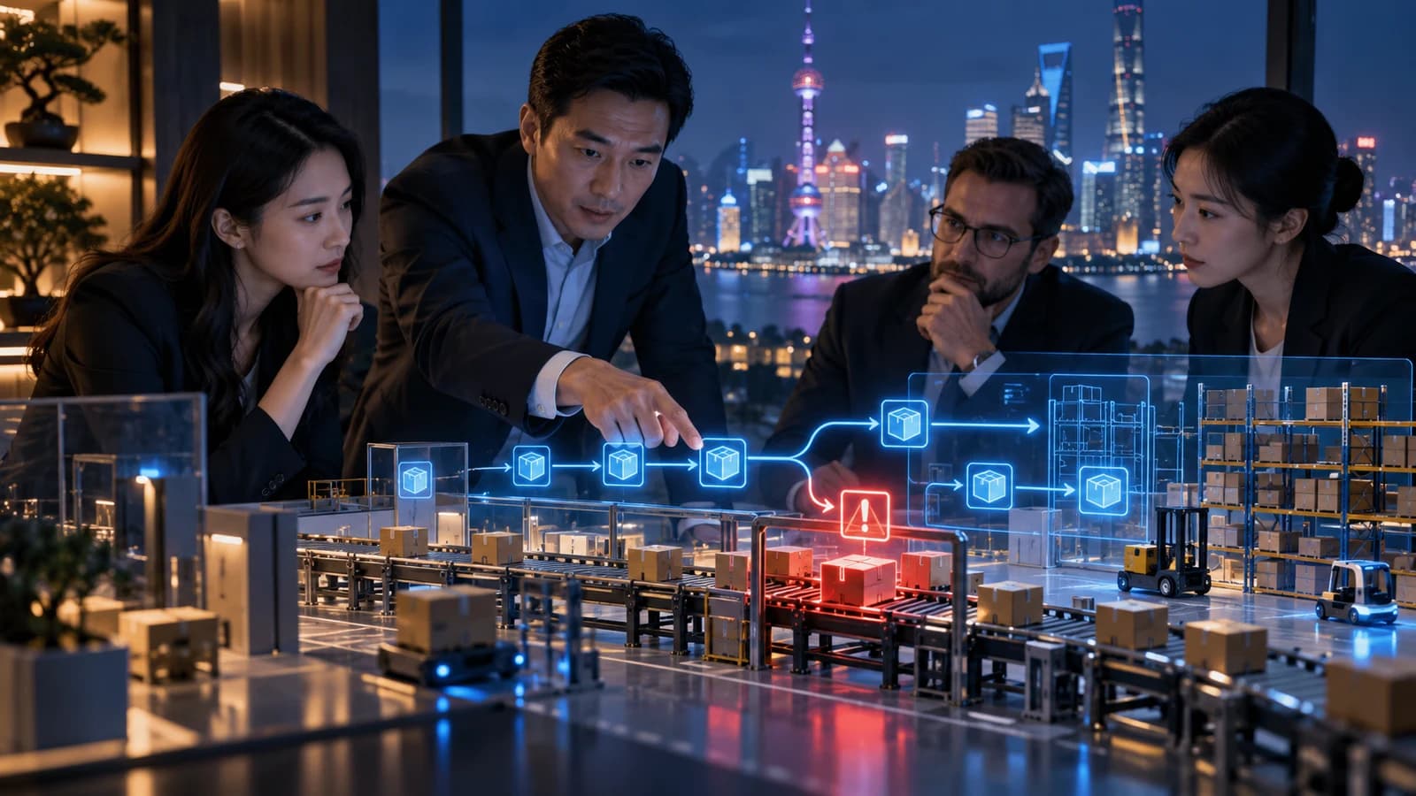 Illustrative executive AI visit scene: executives studying a miniature warehouse with stalled conveyor and blue holographic order flow