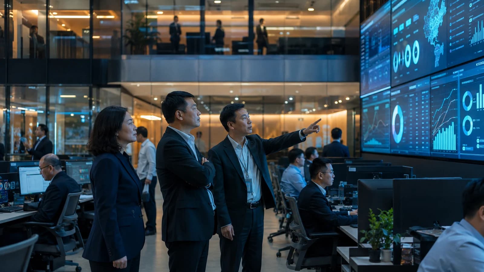 Editorial illustration of insurance executives reviewing an AI workflow
